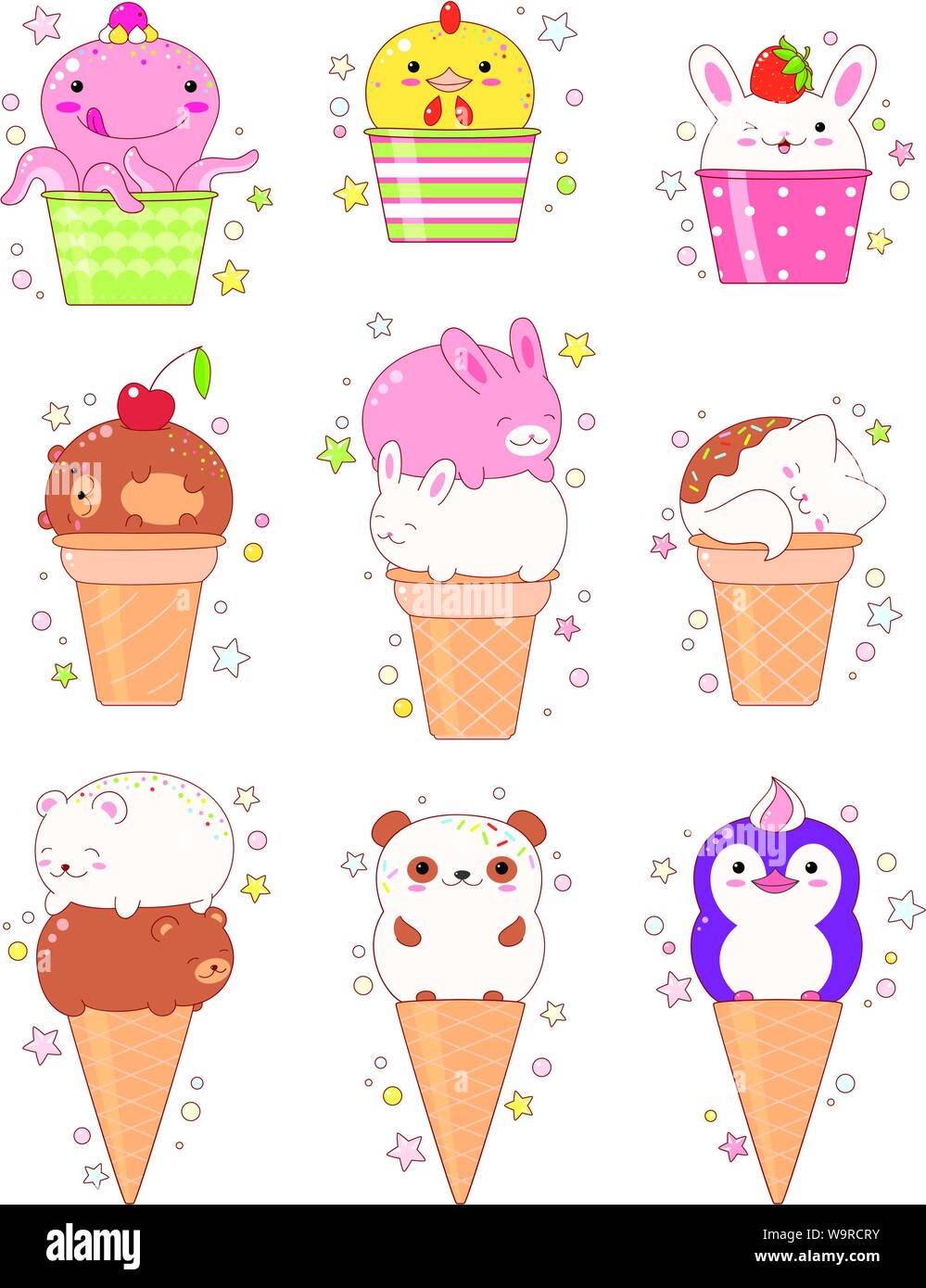 Set di vettore di forma animale gelato - vaniglia, Cioccolato, Fragola. In stile kawaii con volti sorridenti, rosa le guance e baluginare gli occhi. Gatto, coniglio, Illustrazione Vettoriale