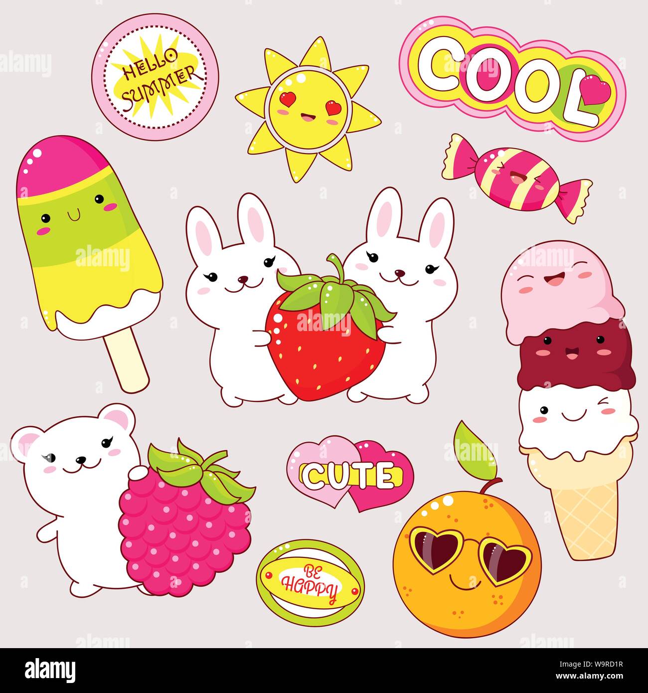 Set di icone carino in stile kawaii. Bunny wuth fragola, orso con lampone, gelato, sun, arancione in occhiali da sole, candy, adesivo con iscrizione c Illustrazione Vettoriale