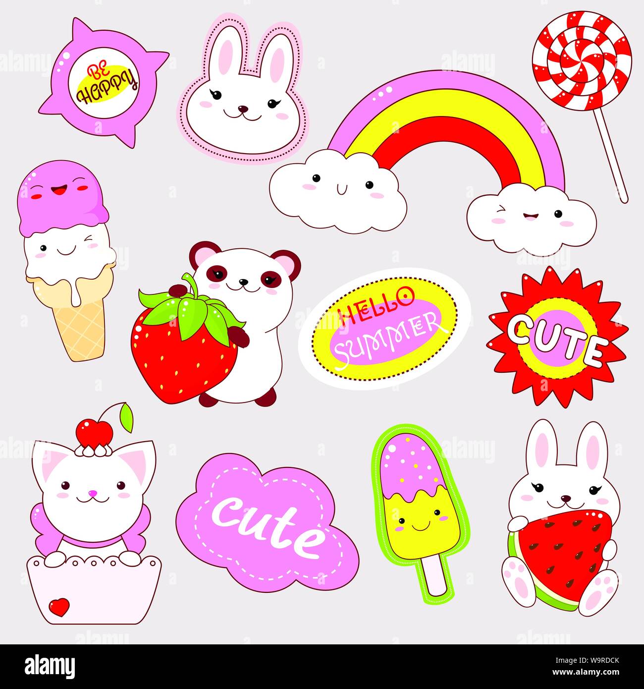 Set di icone carino in stile kawaii. Panda wuth fragola, bunny con cocomero, gelato, rainbow, cat, adesivo con iscrizione carino, ciao summe Illustrazione Vettoriale