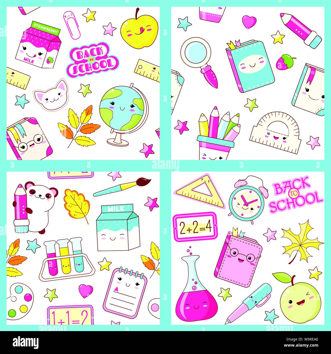 Set di vettore diverso seamless pattern retrò (rivestimenti) con simpatici animali in stile kawaii. Infinite texture possono essere usati per riempimenti, pagina web ba Illustrazione Vettoriale
