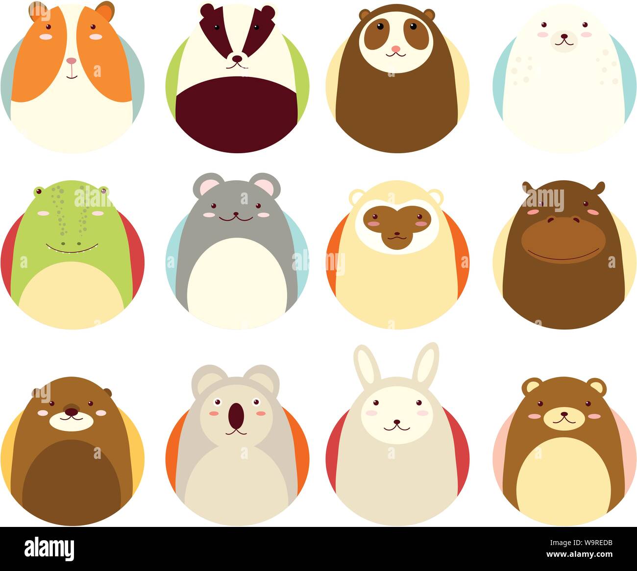 Set di icone di avatar in mano Naif stile disegnato con simpatici animali rétro colori pastello. EPS8 Illustrazione Vettoriale