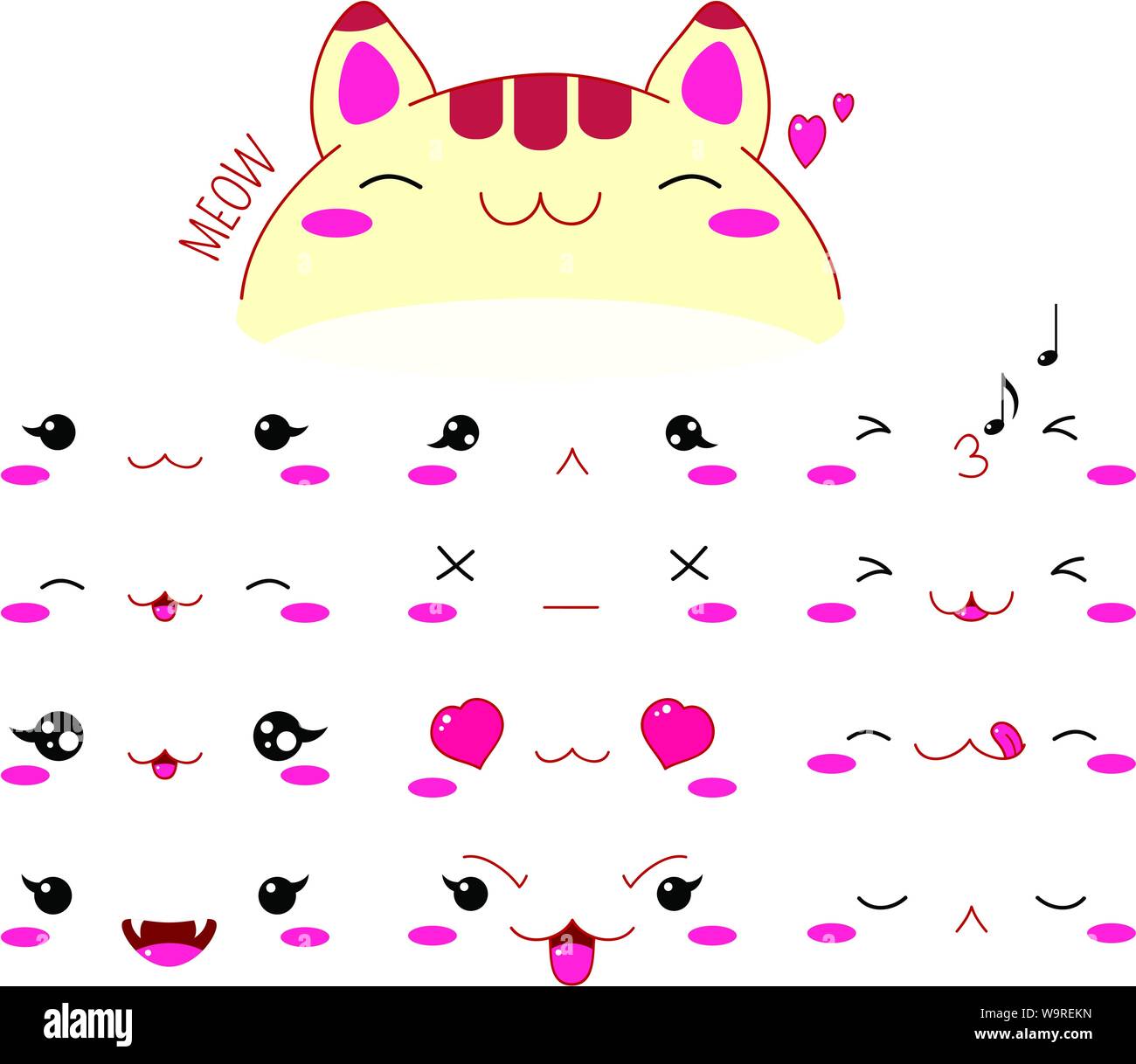 Carino gatti divertenti per impostare diverse emozioni. Kawaii style emoticon icon set con le guance rosa e baluginare gli occhi. EPS8 Illustrazione Vettoriale
