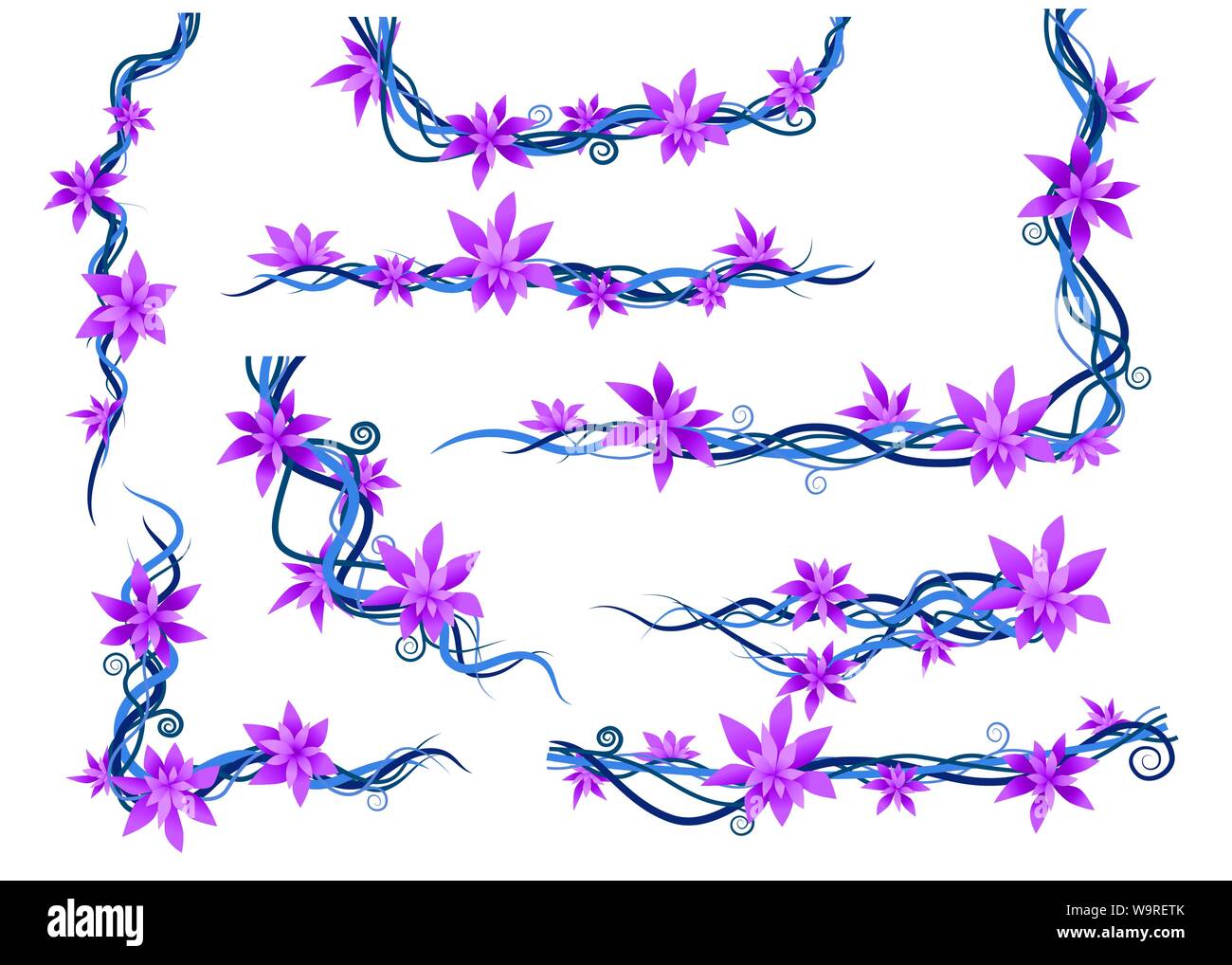 Impianto di vite impostare abstract viola selvatica liane rami piatta illustrazione vettore isolato su sfondo bianco. Illustrazione Vettoriale