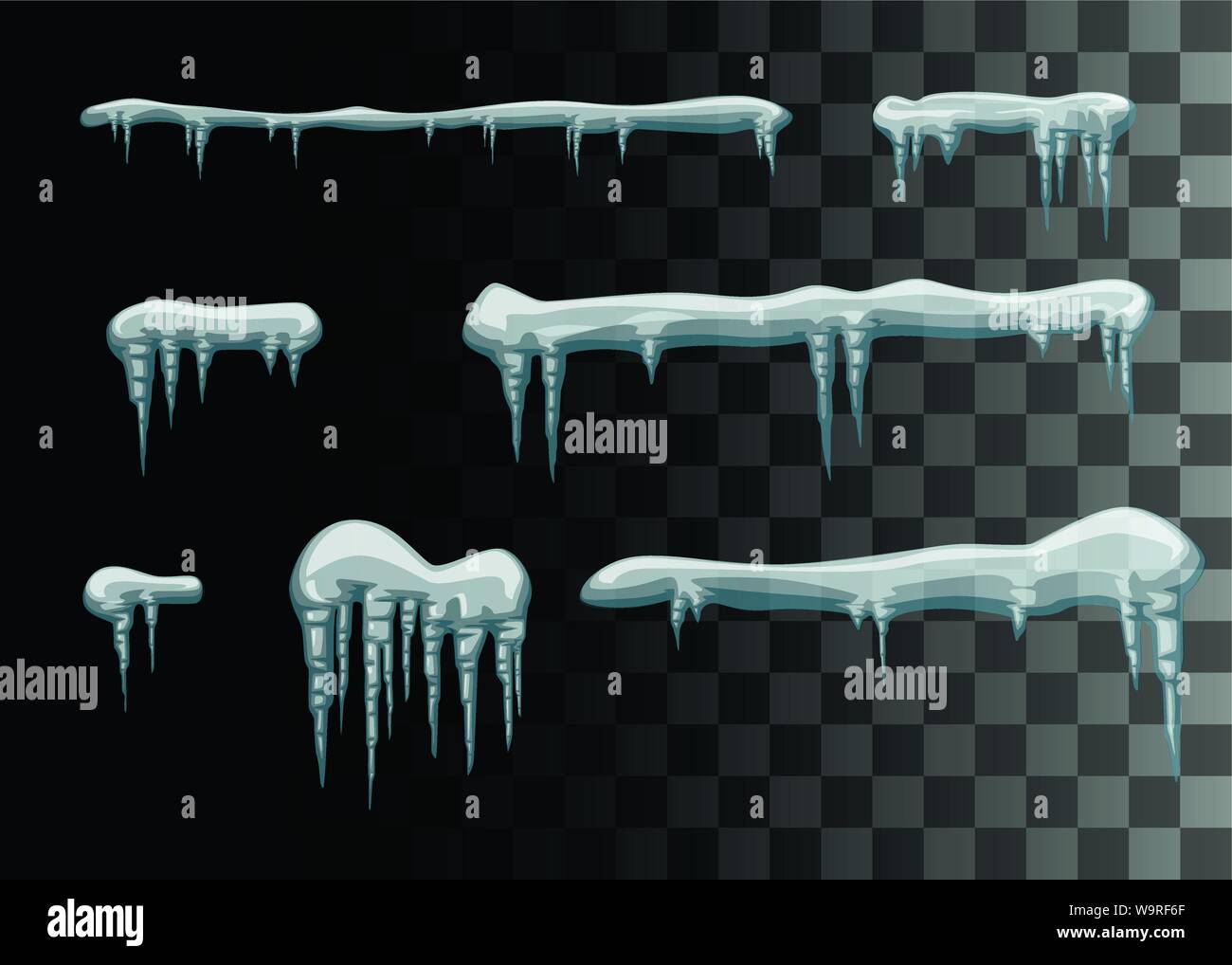 Serie di neve ghiaccioli e cappucci di neve in inverno piana elementi illustrazione vettoriale isolato su sfondo trasparente. Illustrazione Vettoriale