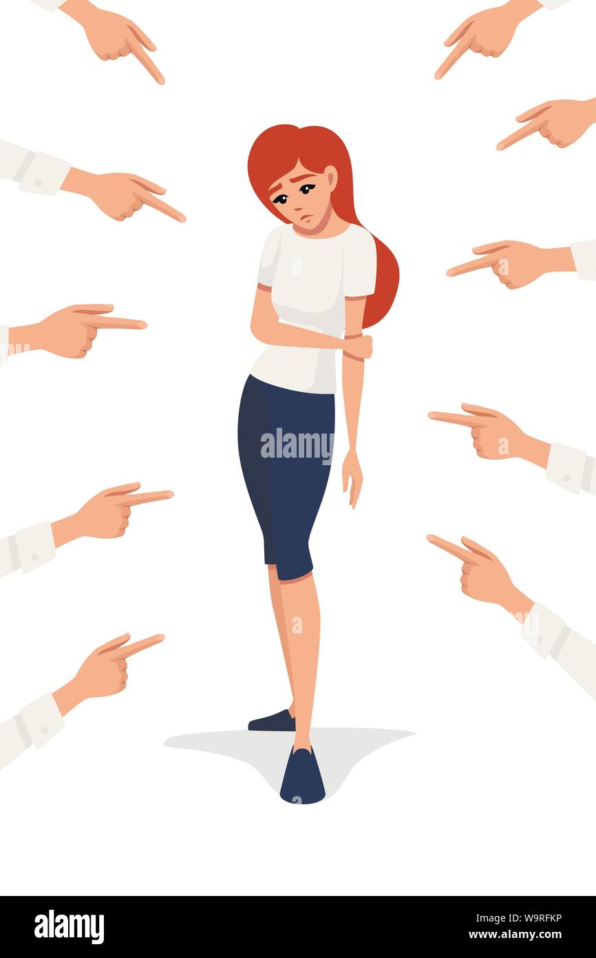 Molte mani puntando il triste redhead sconvolto donna guardando giù piatta illustrazione vettoriale su sfondo bianco. Illustrazione Vettoriale