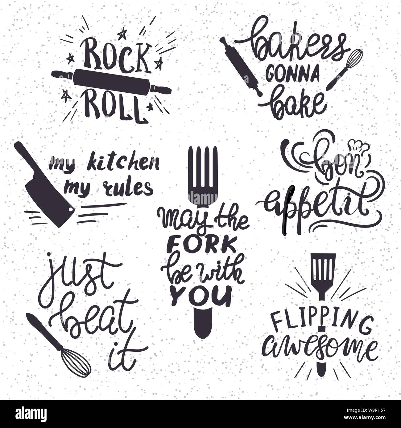 Set di disegnati a mano Funny Proverbi per la cucina o il ristorante poster Illustrazione Vettoriale