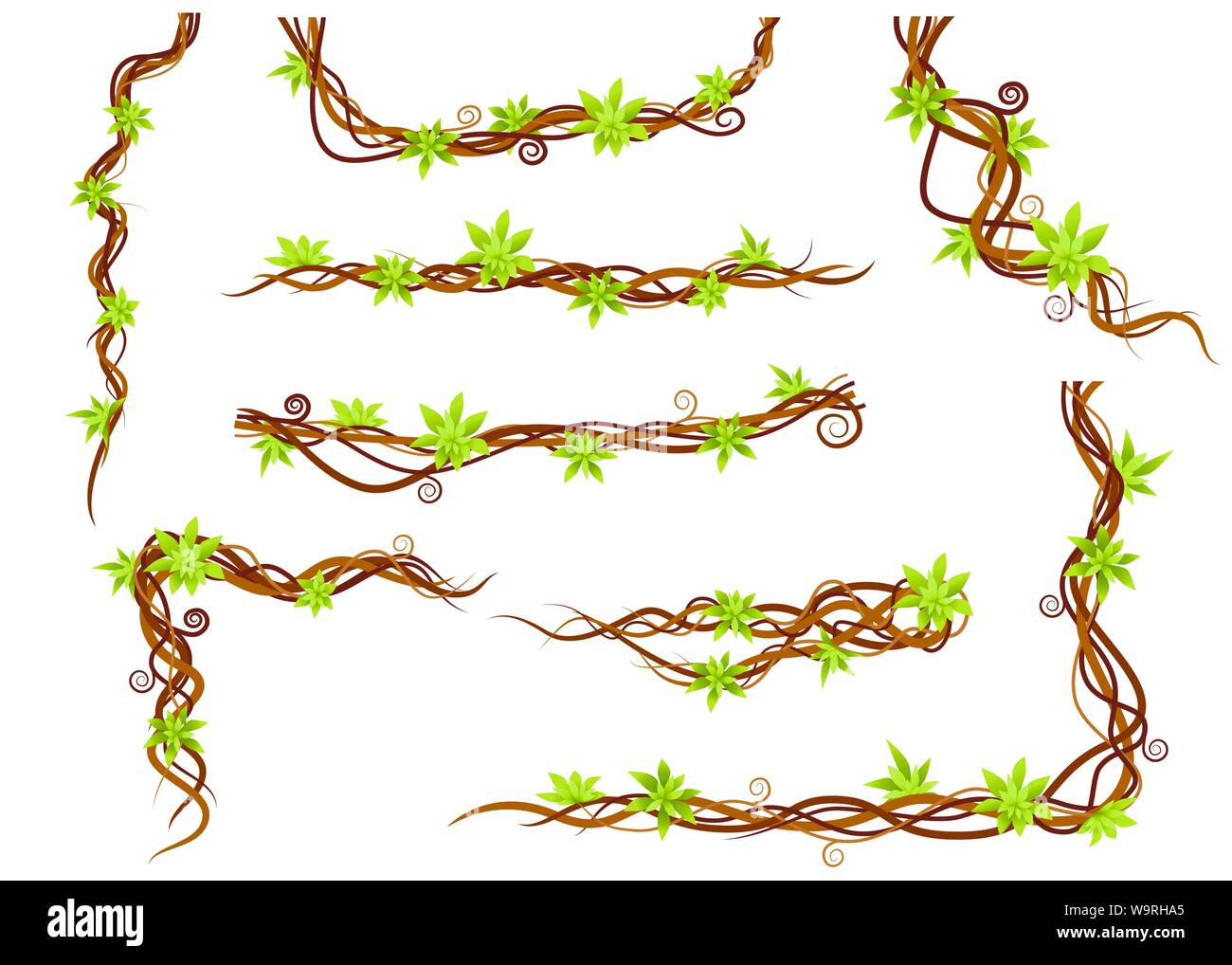 Vite insieme di piante verdi selvatici liane rami piatta illustrazione vettore isolato su sfondo bianco. Illustrazione Vettoriale