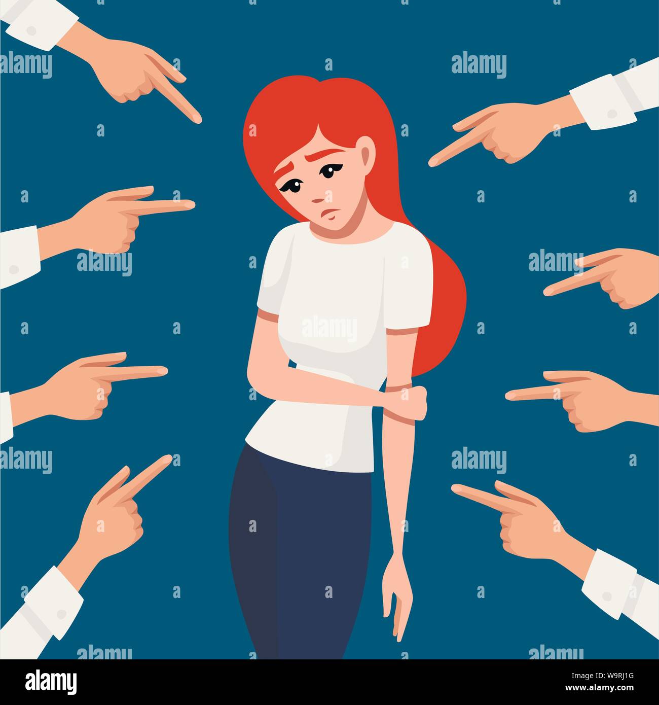 Molte mani puntando il triste redhead sconvolto donna guardando giù piatta illustrazione vettoriale su sfondo blu Illustrazione Vettoriale