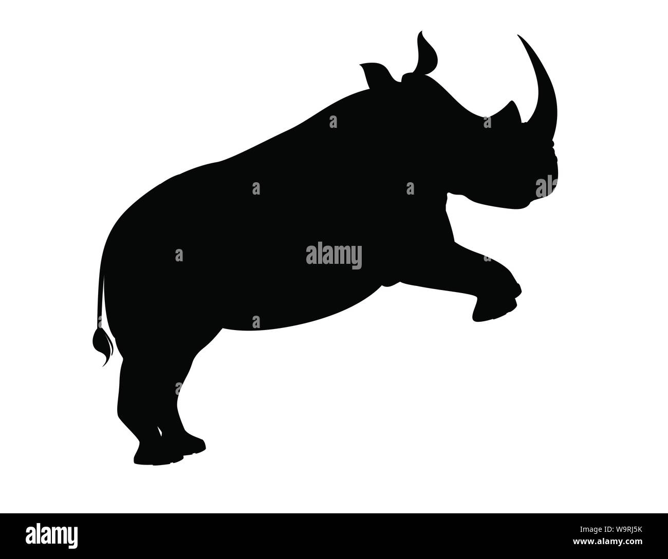 Silhouette nera rinoceronte africano jumping vista laterale cartoon animale piatto design illustrazione vettoriale isolati su sfondo bianco Illustrazione Vettoriale
