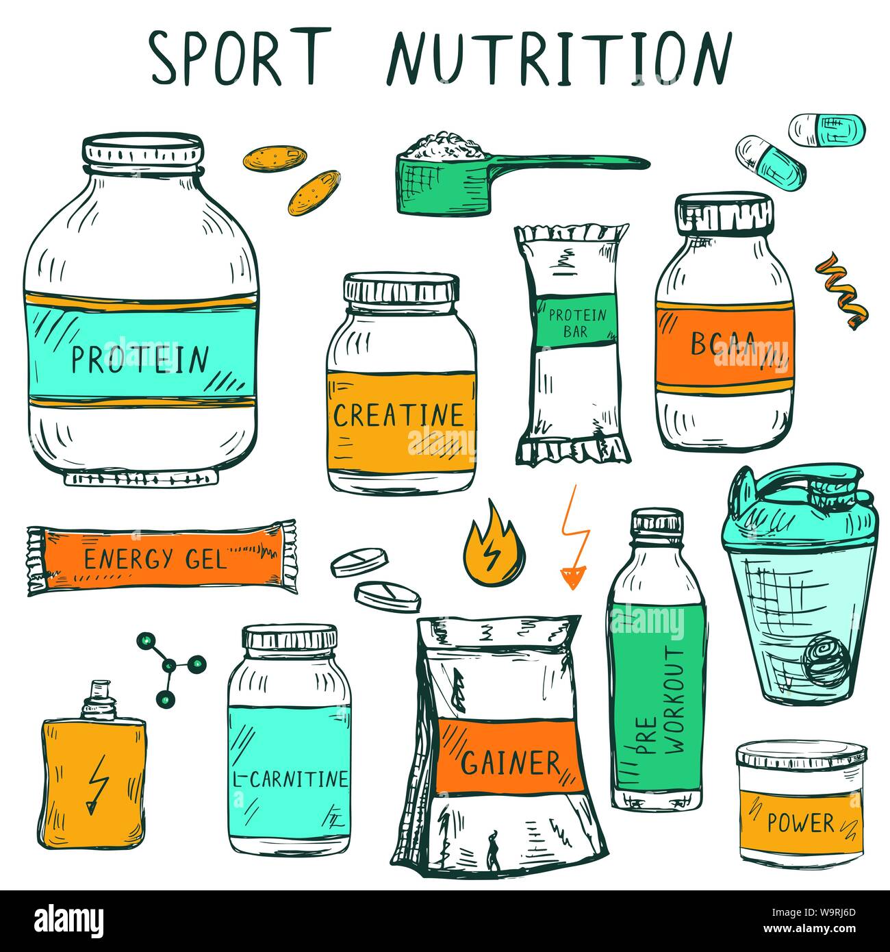 Set di disegnati a mano sport nutrition voci: Illustrazione Vettoriale