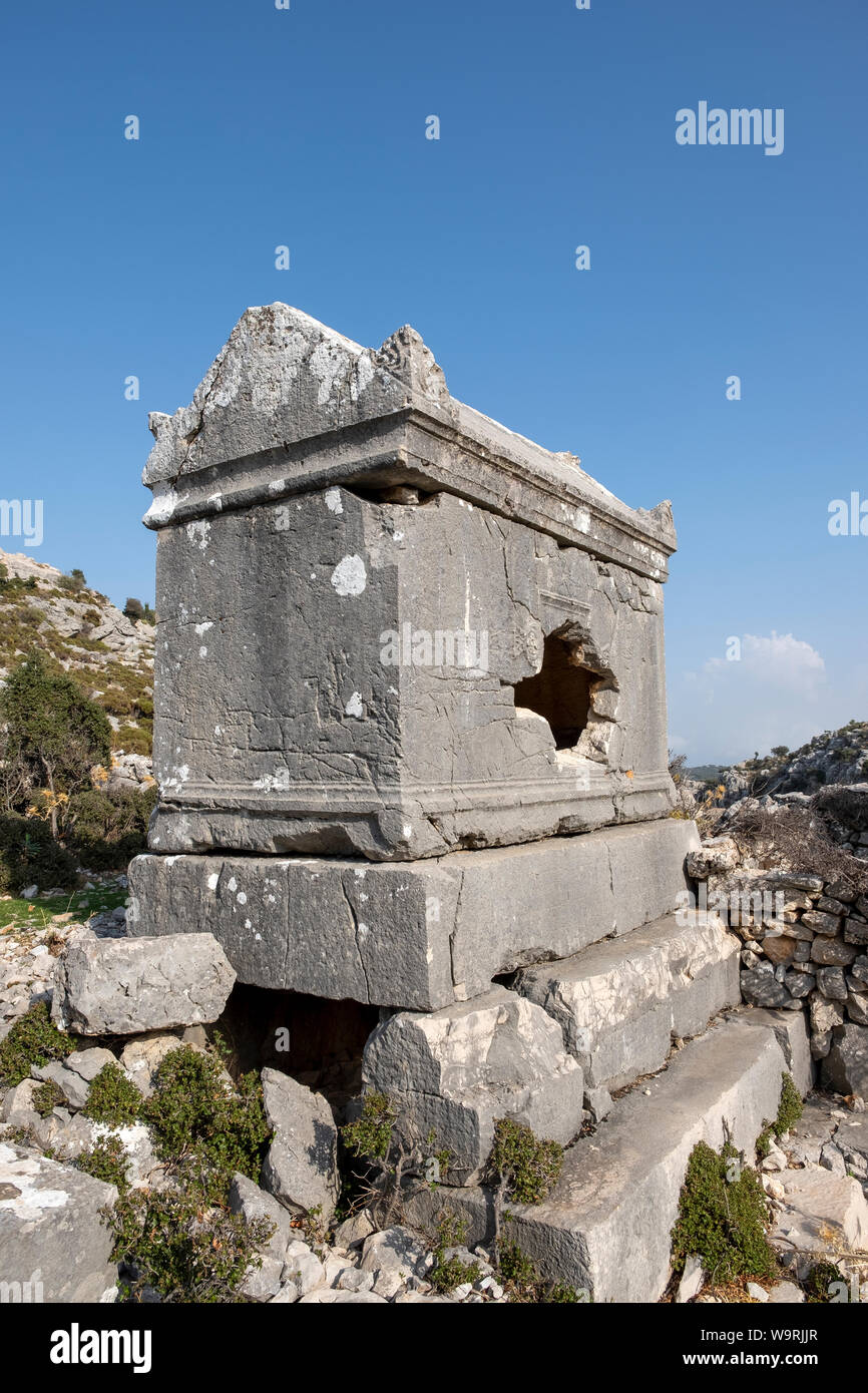 Tomba di roccia in antico sito di Sidyma, Mugla, Turchia Foto Stock