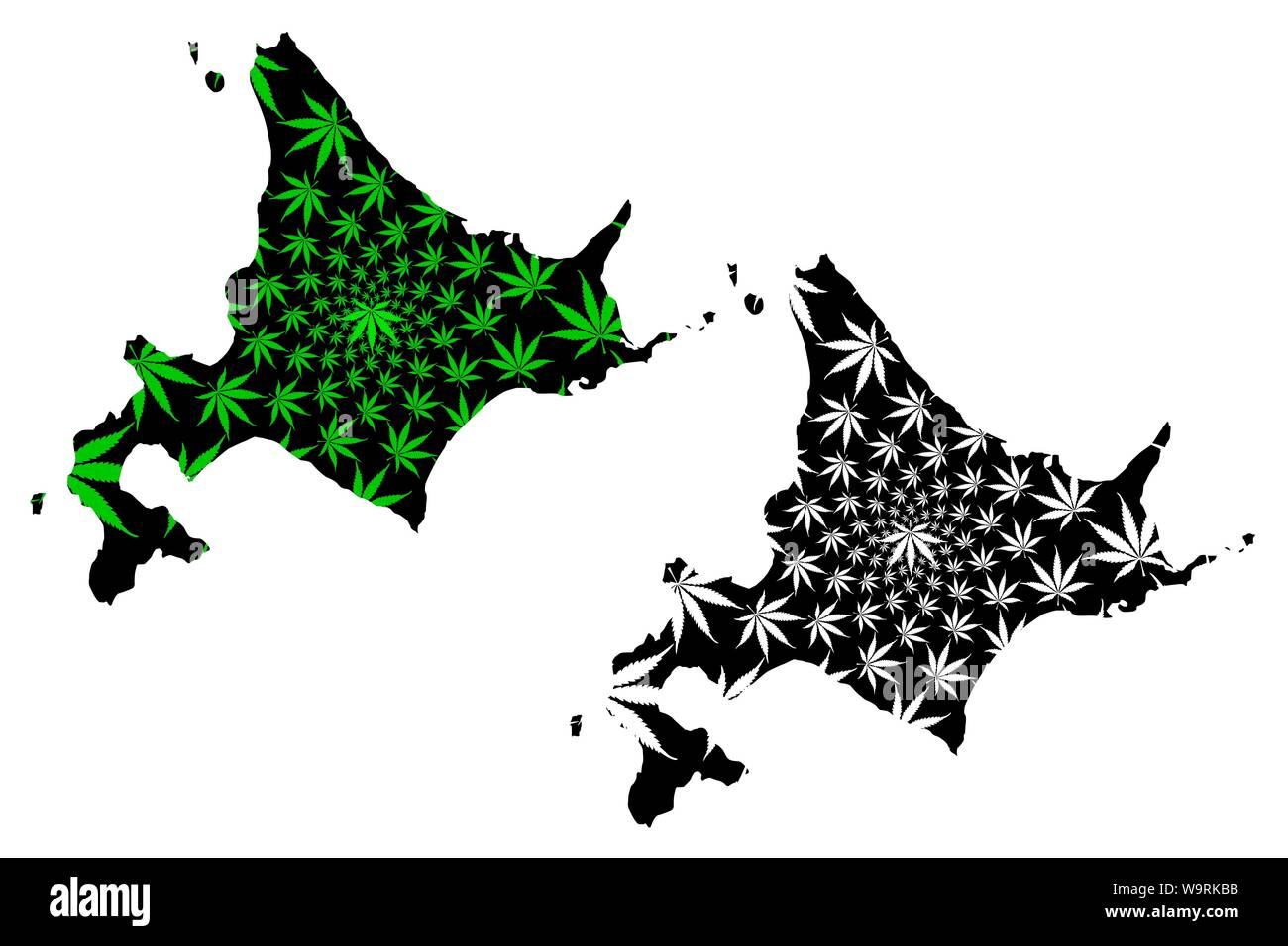 Hokkaido (divisioni amministrative del Giappone, Prefetture del Giappone) mappa è progettato Cannabis leaf verde e nero, Hokkaido (Ezo, Yezo, Yeso, Yesso) ma Illustrazione Vettoriale