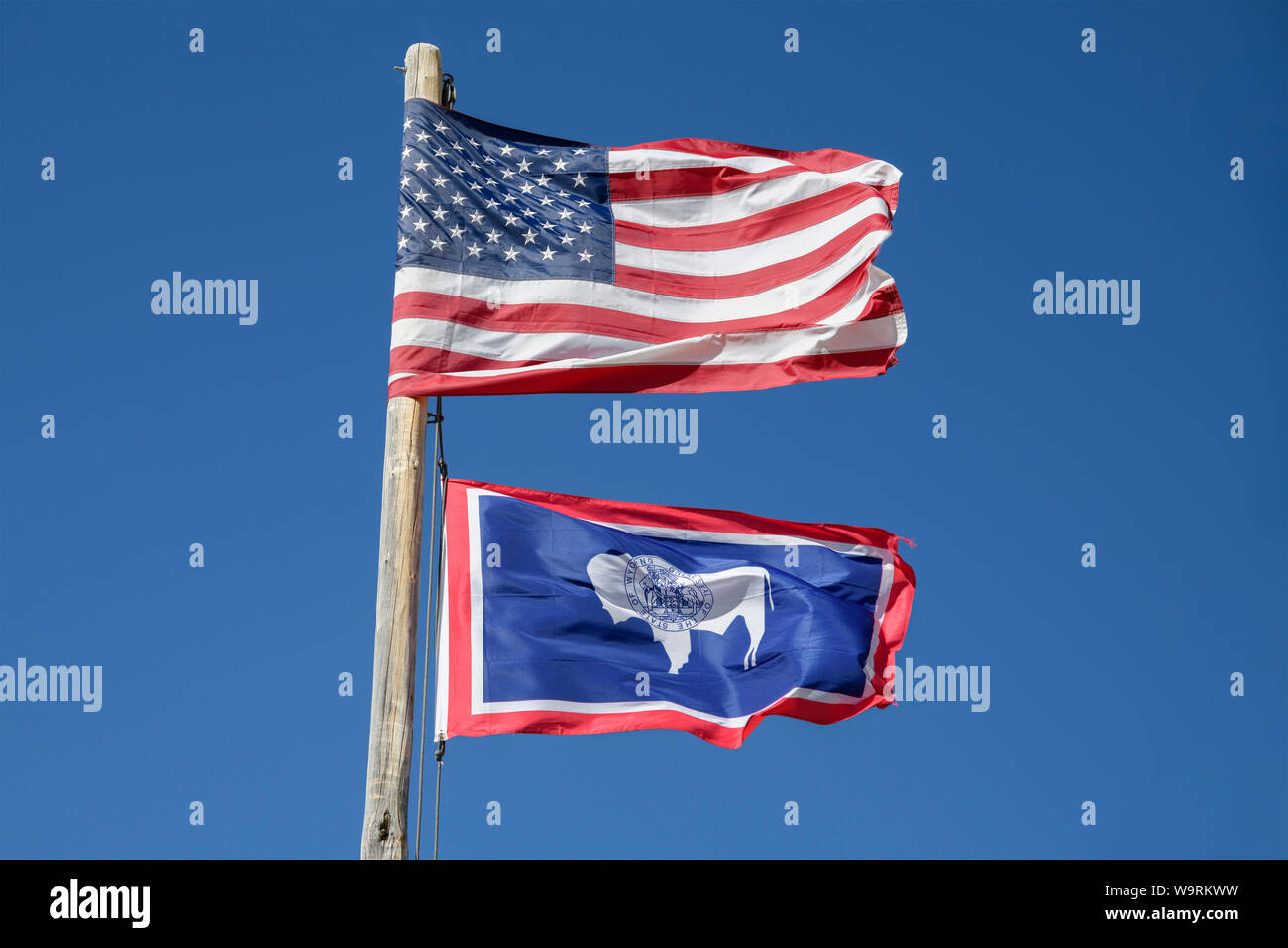 America del Nord, America, STATI UNITI D'AMERICA, montagne rocciose, Fremont County, Wyoming Oregon Trail, South Pass City, città fantasma, noi e bandiera del Wyoming, *** Capt locale Foto Stock