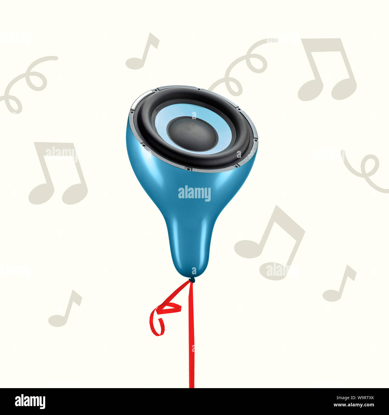 Concetto di luce e suono sottile. Blu a palloncino come un altoparlante di musica su sfondo grigio. Lo spazio negativo per inserire il tuo testo. Il design moderno. L'arte contemporanea collage. Canzoni preferite suona come esso. Foto Stock