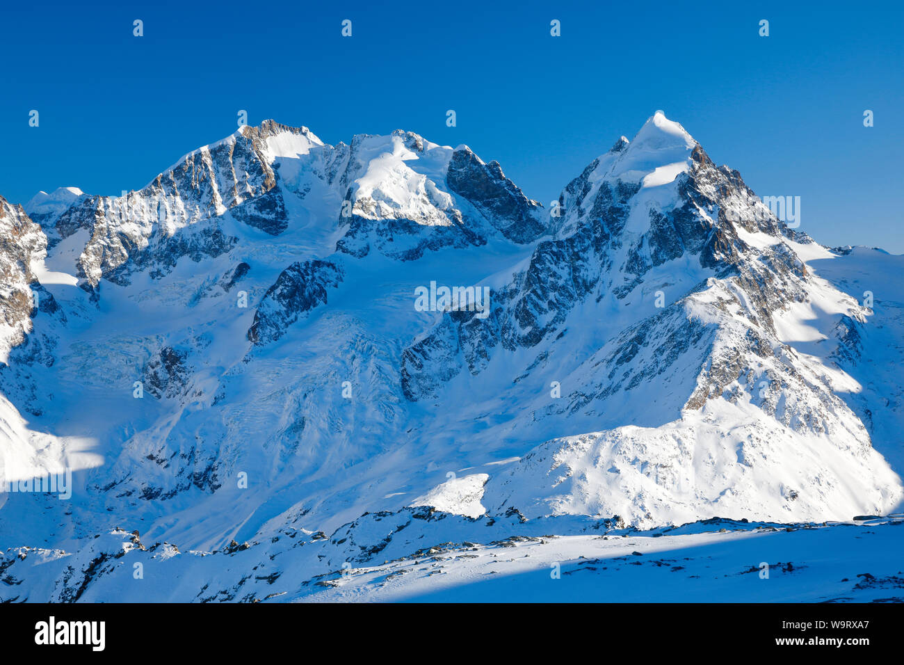 Miit Biancograt Piz Bernina-4049 m, Piz Scerscen - 3971 m, il Piz Roseg-3937 m, Grigioni, Schweiz, 30063598.Caption locale *** Foto Stock