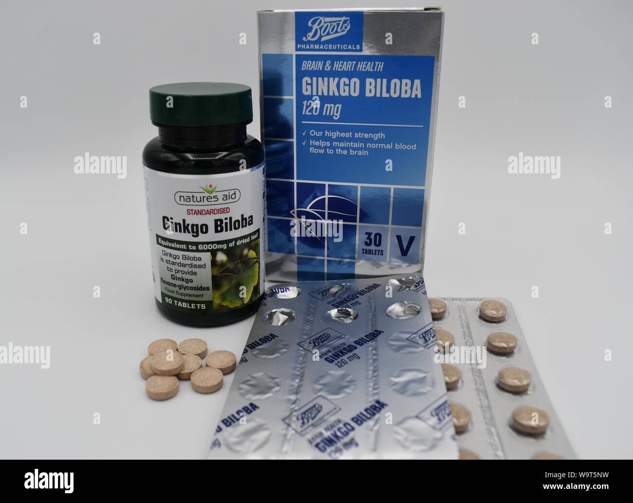 Due marche di Ginkgo Biloba - un supplemento dietetico spesso venduti come benefici per la funzione cognitiva, apparentemente senza prove scientifiche. Foto Stock
