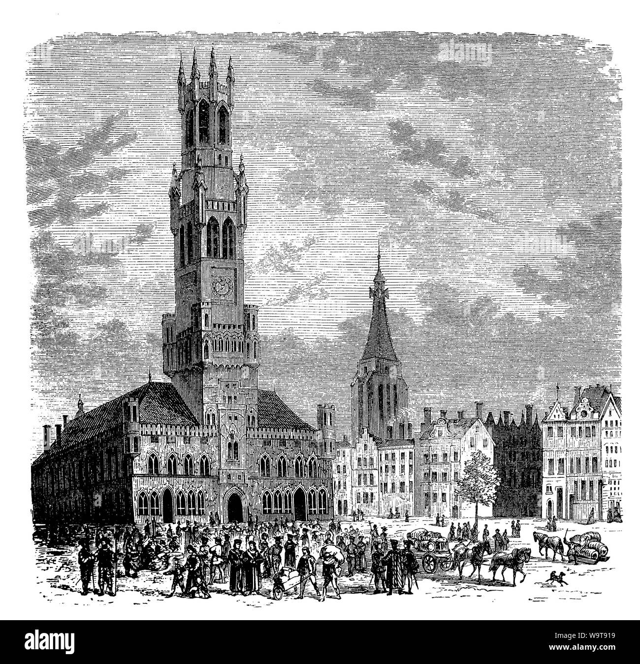 Il campanile di Bruges in piazza del mercato, in epoca medievale di Bruges stock exchange Foto Stock