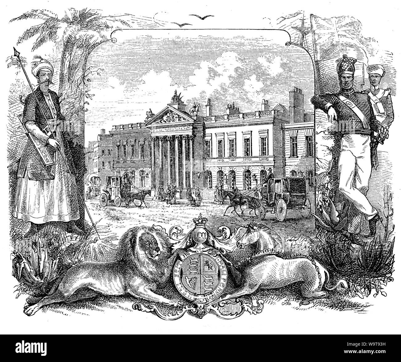 Alllegorical rappresentazione tipografici della East India House, la sede centrale di Londra della East India Company nel XVIII secolo Foto Stock