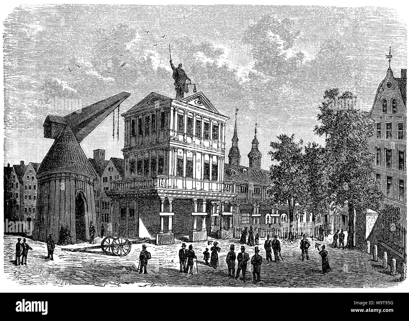 Amburgo, la vecchia borsa prima che il fuoco del 1842 con la facciata classica e una gru.It era un multi centro finanziario per il commercio, arti, denaro, assicurazione, azioni e obbligazioni. Foto Stock