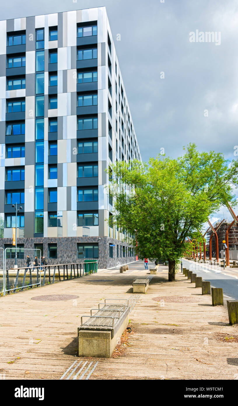 I Tessitori appartamento Quay blocco, da Old Mill Street, New Islington, Ancoats, Manchester, Inghilterra, Regno Unito Foto Stock