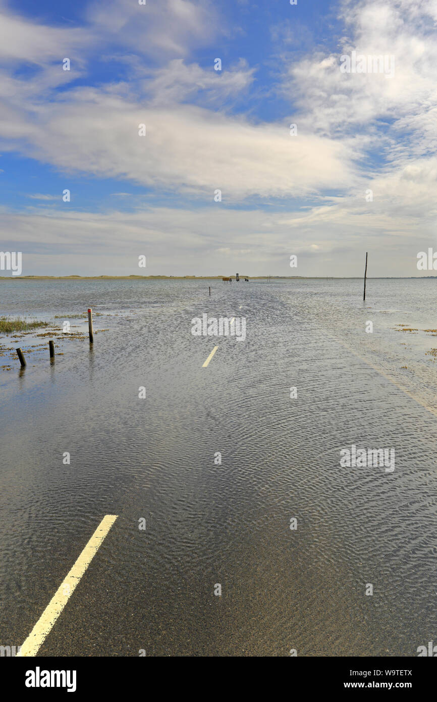 Lindisfarne Causeway verso il rifugio e Isola Santa ad alta marea, Lindisfarne, Northumberland, Inghilterra, Regno Unito. Foto Stock