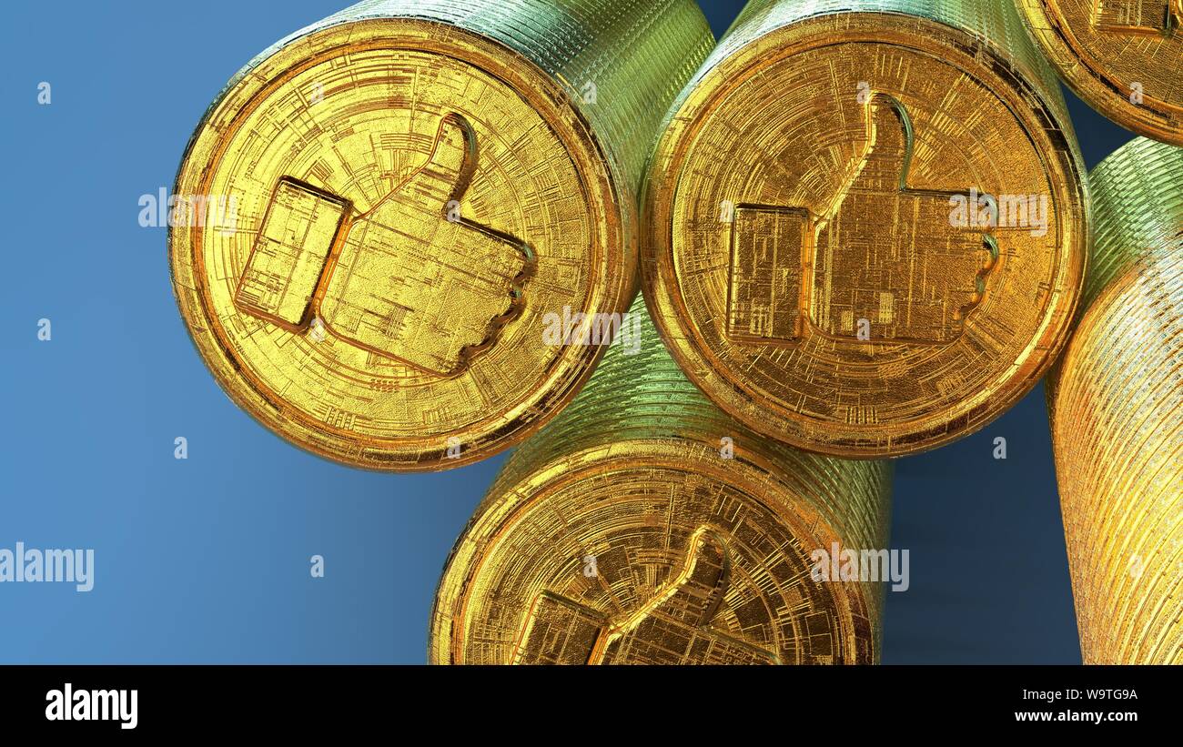 3D rendering pollice in alto come emote global digital crypto valuta mining finanziamenti futuri rivoluzione isolato sfondo blu spazio copia bull run Foto Stock