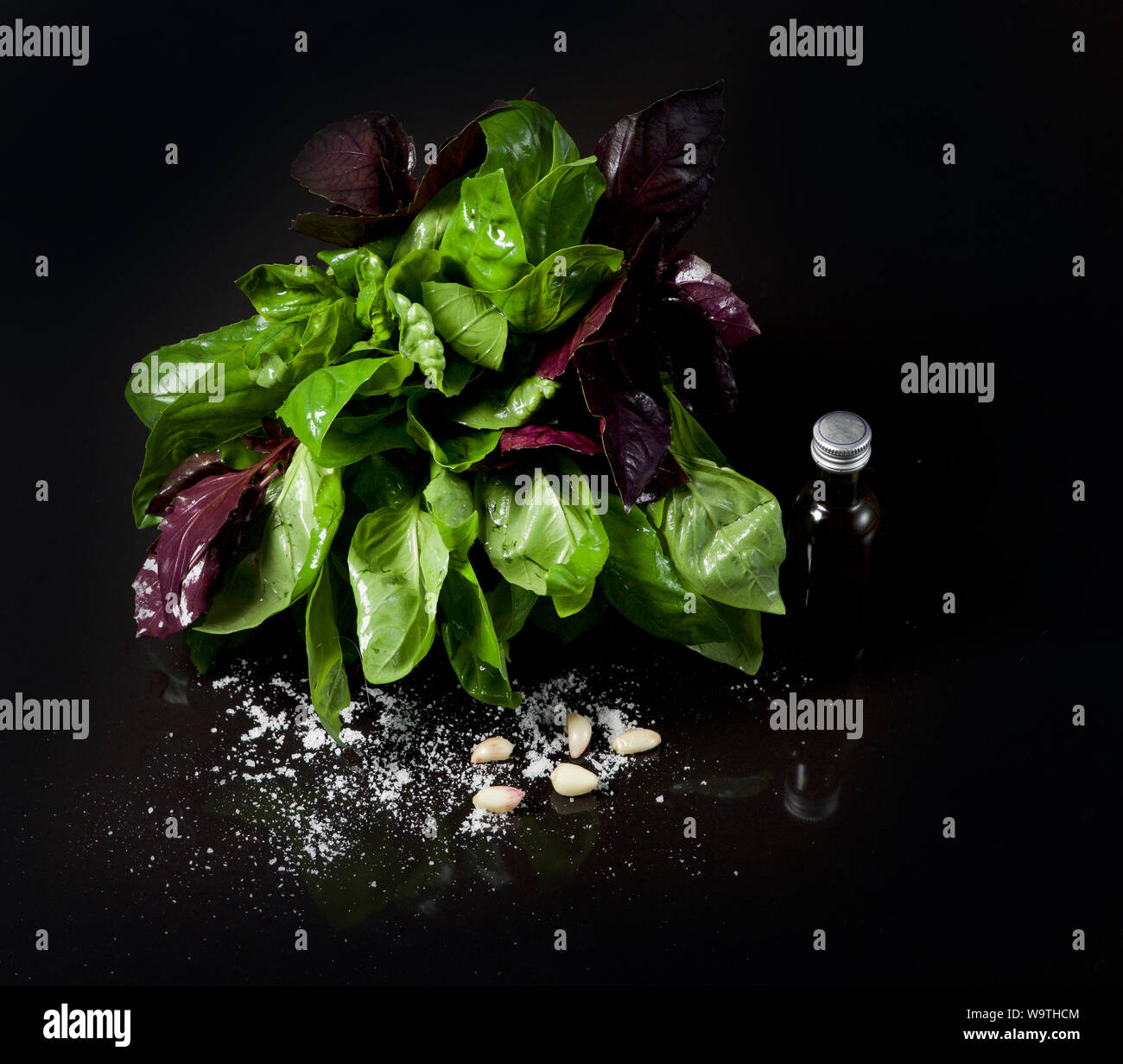 Il viola e il verde del basilico con olio d'oliva, aglio e sale Foto Stock