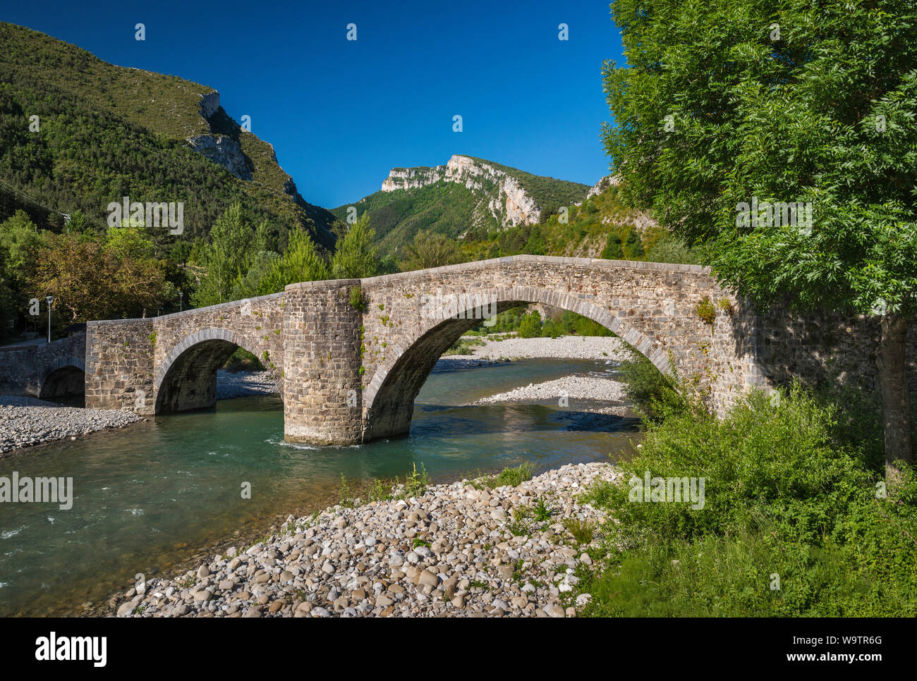 Ponte romano sul Rio esca in Burgui (Burgi), Valle del Roncal, Pirenei, Navarra, Spagna Foto Stock