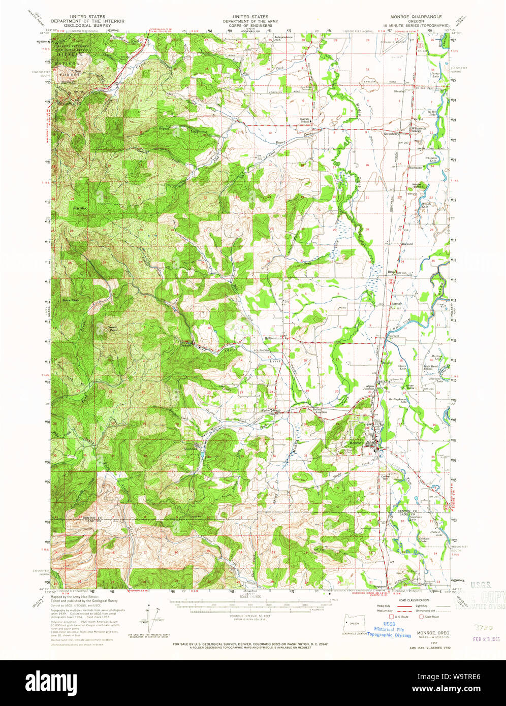 USGS TOPO Map Oregon Monroe 282728 1957 62500 Restauro Foto Stock