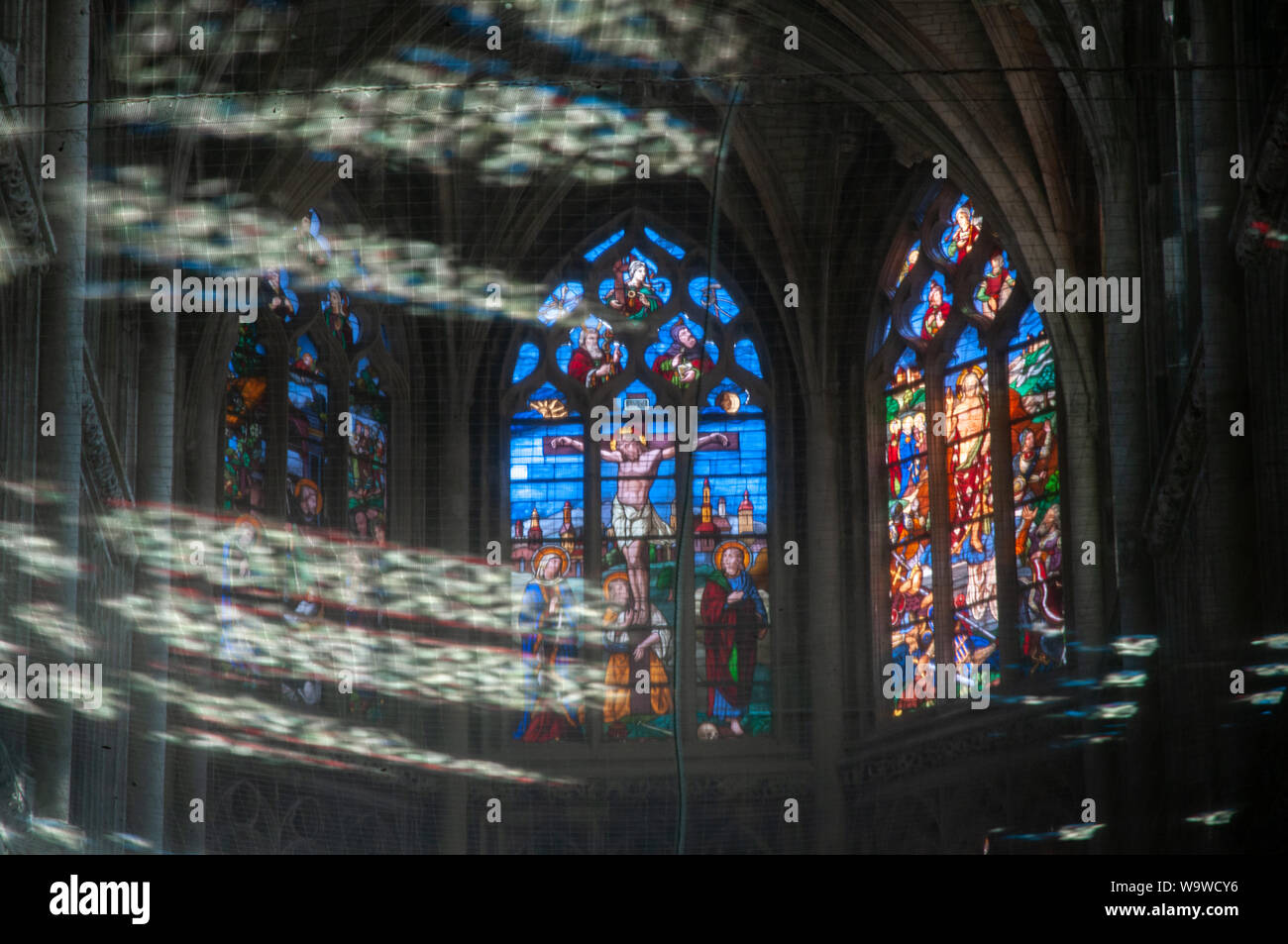 La luce del sole e ombre di giocare sulla rete di sicurezza al di sotto del massimale in Saint-Jacques chiesa di Dieppe, Francia. Foto Stock
