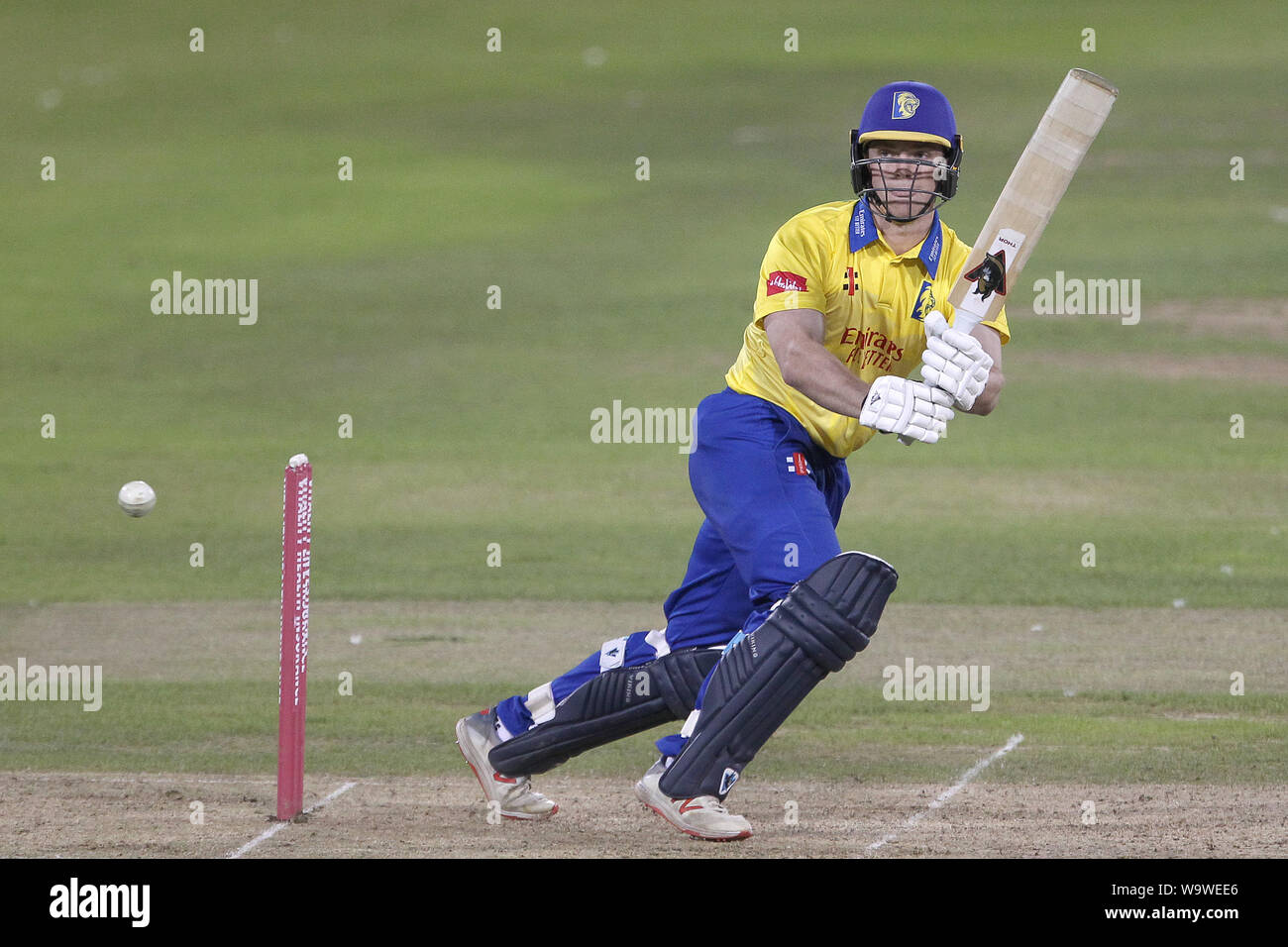 CHESTER LE STREET, Agosto 15th Durham di Liam Trevaskis batting durante la vitalità T20 Blast match tra Durham e Worcestershire Rapids a Emirates Riverside, Chester le street giovedì 15 agosto 2019. (Credit: Mark Fletcher | MI News) Credito: MI News & Sport /Alamy Live News Foto Stock