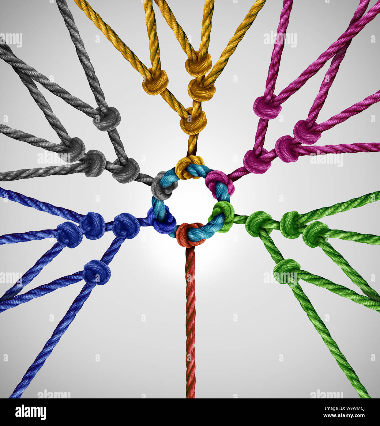 Collegato a gruppi di rete come un singolo collegamento a diverse squadre provenienti insieme ad un punto centrale come un astratto concetto di comunicazione con Foto Stock