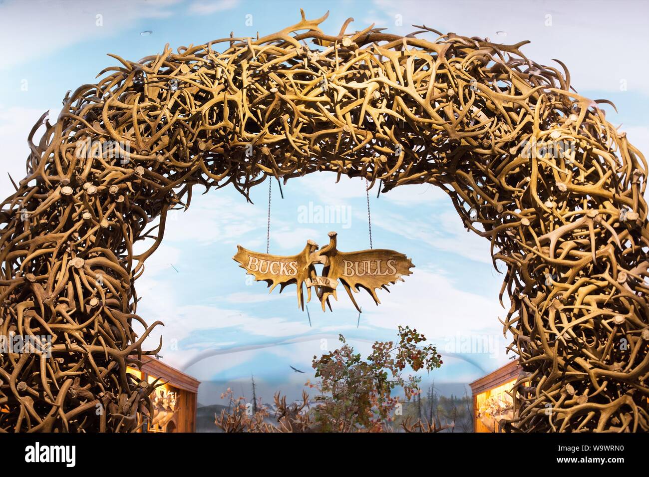 Un arco fatto di corna di cervo a Johnny Morris' meraviglie della fauna Museo Nazionale e Acquario di Springfield, MO, Stati Uniti d'America. Foto Stock