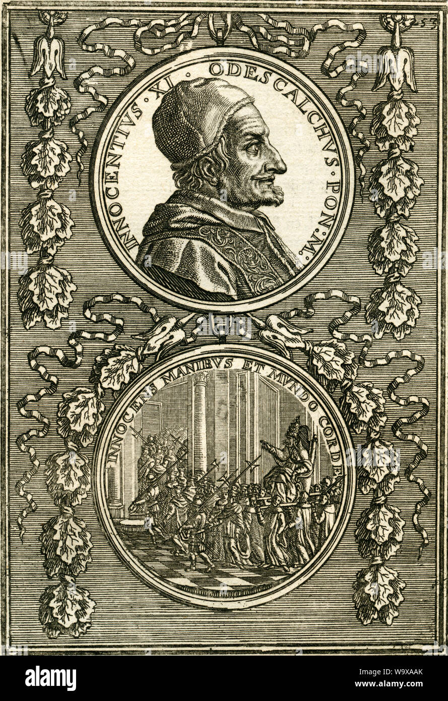 Europa, Italien, Rom Vatikan, Papst Innocenzo XI. , Innocentius XI. , Geboren am 19. 05. 1611 a Como , starb am 12. 08. 1689 Nella Rom , Papst von 1676 bis 1689 , Kupferstich um 1790 , aus einem Werk des 18. Jahrhunderts. / Europa, Italia, Roma, Città del Vaticano, il Papa Innozent XI , Innocentius XI. , Nato a 19. 05. 1611 a Como , morto 12. 08. 1689 a Roma , il Papa tra il 1676 e il 1689 , incisione su rame , circa 1790, da un libro del XVIII secolo. Foto Stock