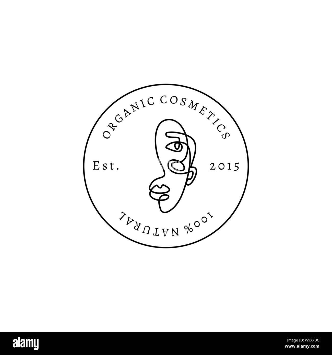 Cosmetici biologici Logo in stile minimalista. Vettore emblema tondo salone di bellezza. Una linea verticale di una femmina. Donna faccia sul cerchio badges Illustrazione Vettoriale