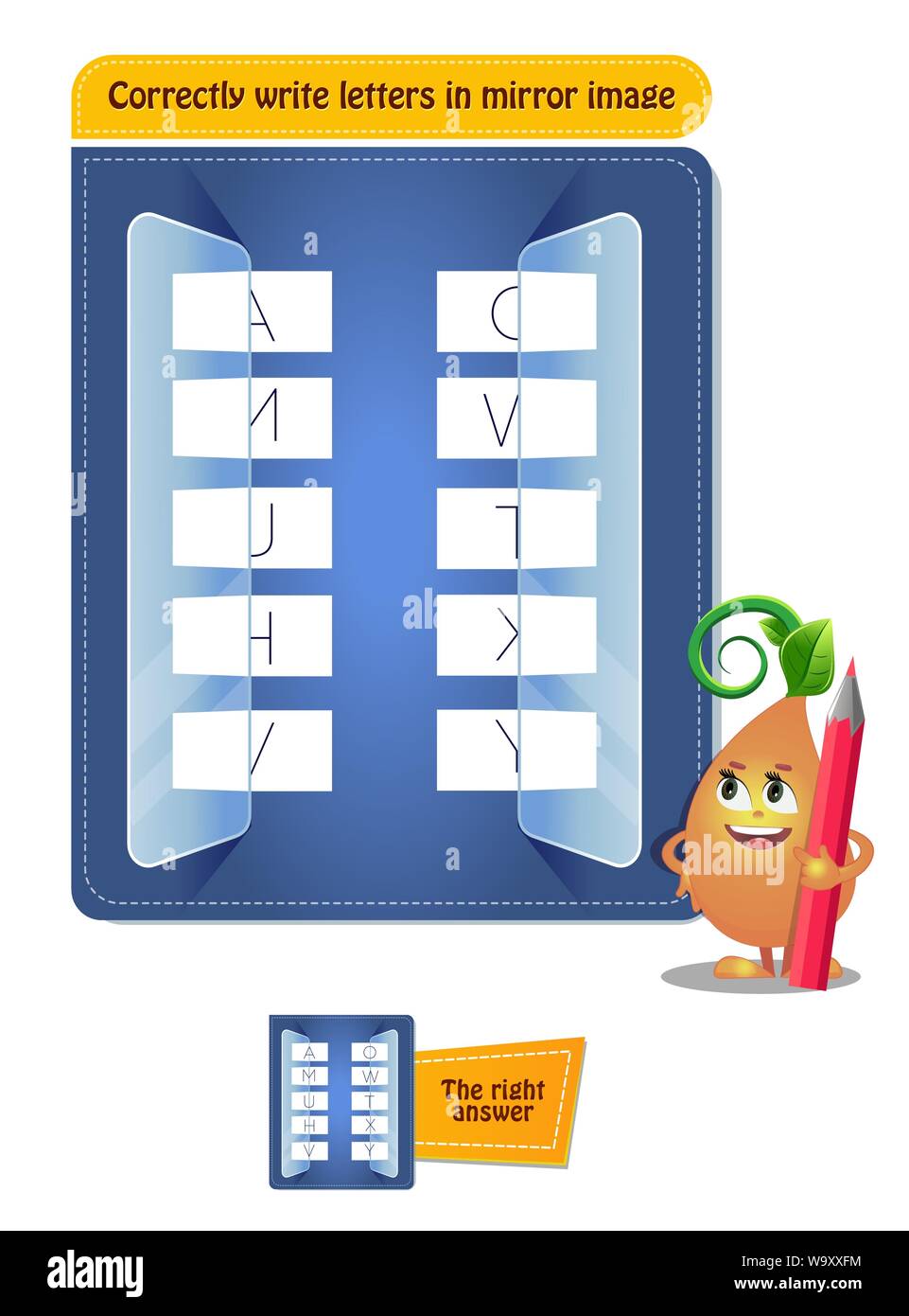 Gioco educativo per i bambini, puzzle. sviluppo del pensiero spaziale nei bambini. Compito gioco correttamente scrivere lettere in immagine speculare Illustrazione Vettoriale