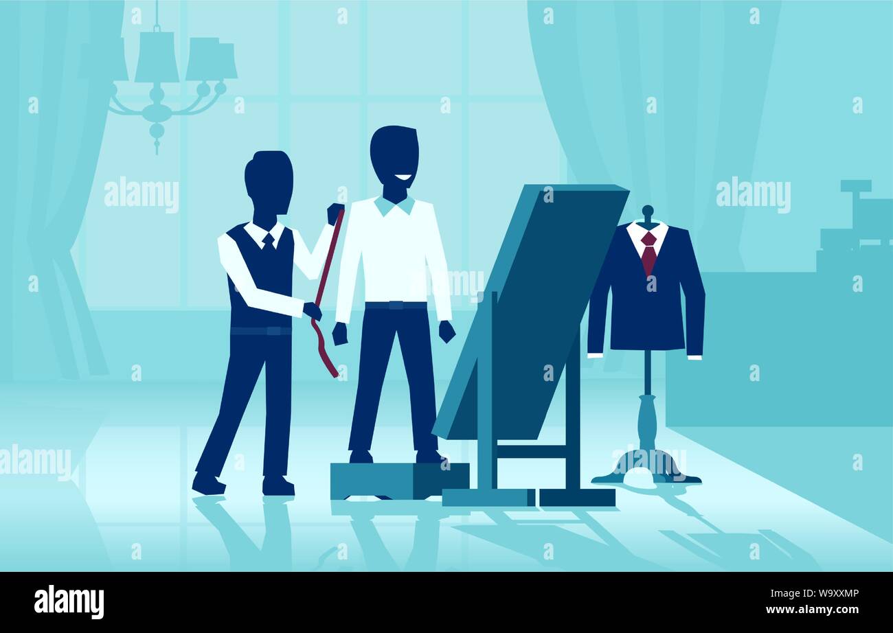 Vettore di un sarto misura la dimensione del client mentre egli si trova sulla piattaforma di montaggio Illustrazione Vettoriale