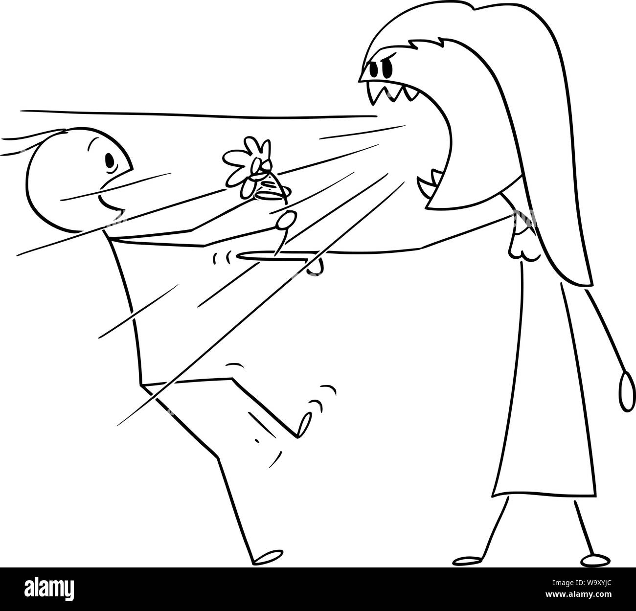 Vector cartoon stick figura disegno illustrazione concettuale di donna su data urla o urlando come monster all uomo con un fiore.un concetto o di un rapporto di coppia e l'amore. Illustrazione Vettoriale