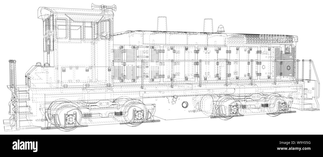 Locomotiva e il treno. EPS10 formato. Filo-telaio vettore creati di 3d Illustrazione Vettoriale