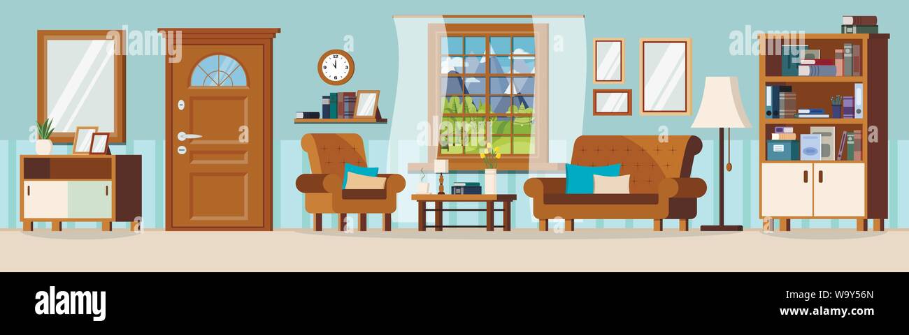 Accogliente sala soggiorno con mobili design piatto illustrazione vettoriale. Illustrazione Vettoriale