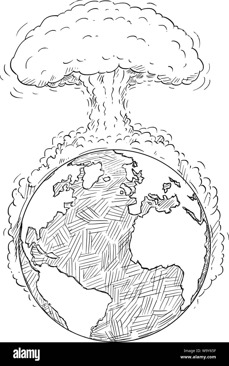 Vettore di disegno del fumetto o illustrazione del pianeta Terra o mondo distrutto grande esplosione nucleare o guerra globale o di conflitto. Concetto di apocalisse. Illustrazione Vettoriale