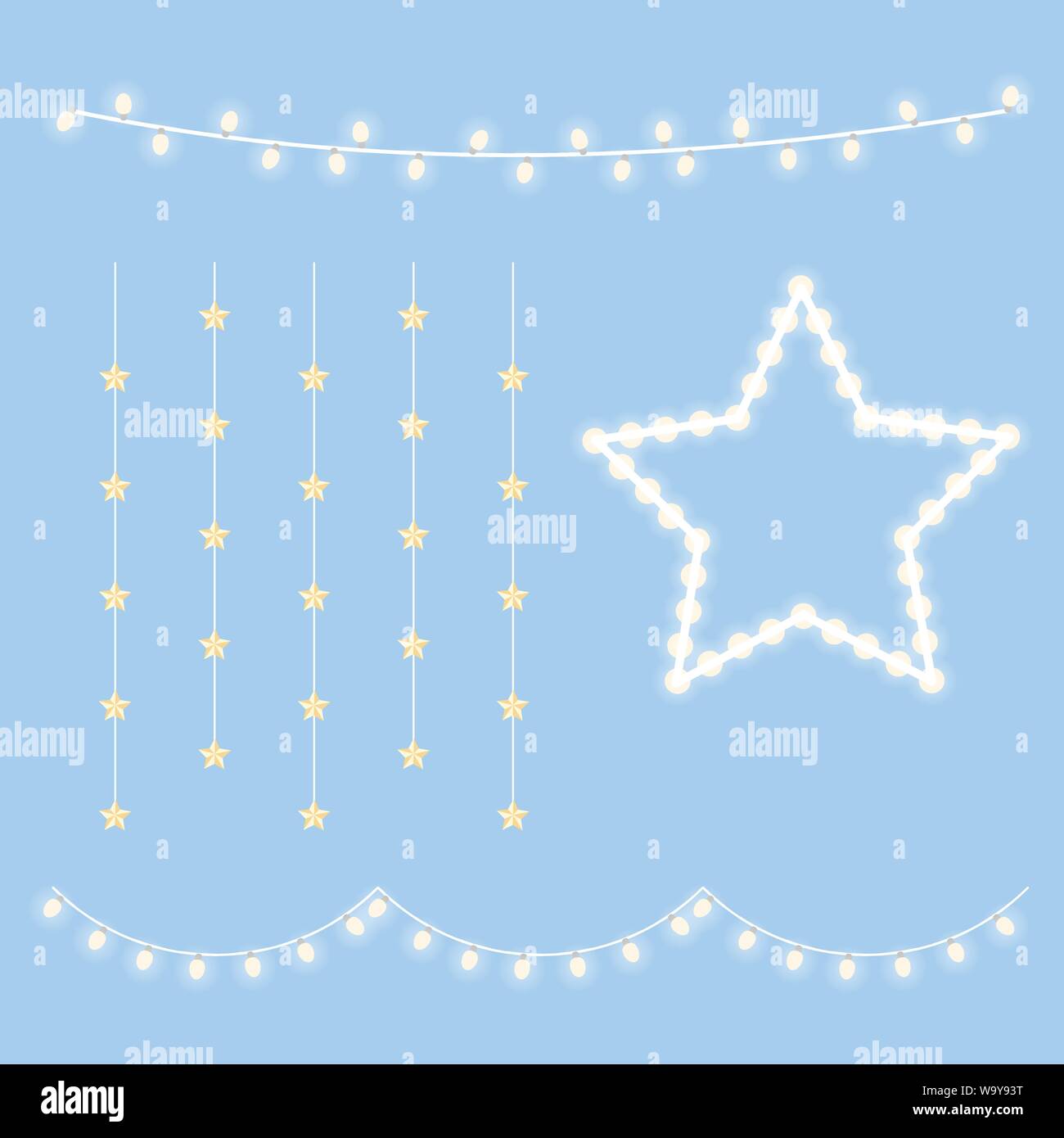 Natale Luce calda raccolta lampade isolato su sfondo blu. Illustrazione Vettoriale