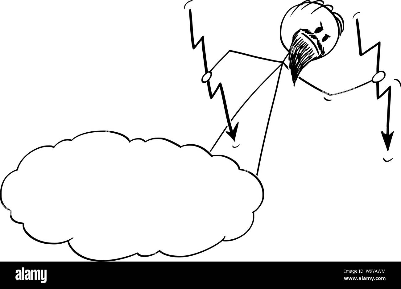 Vector cartoon stick figura disegno illustrazione concettuale di Dio adirato per colata o gettare i fulmini dal cielo o cloud. Illustrazione Vettoriale
