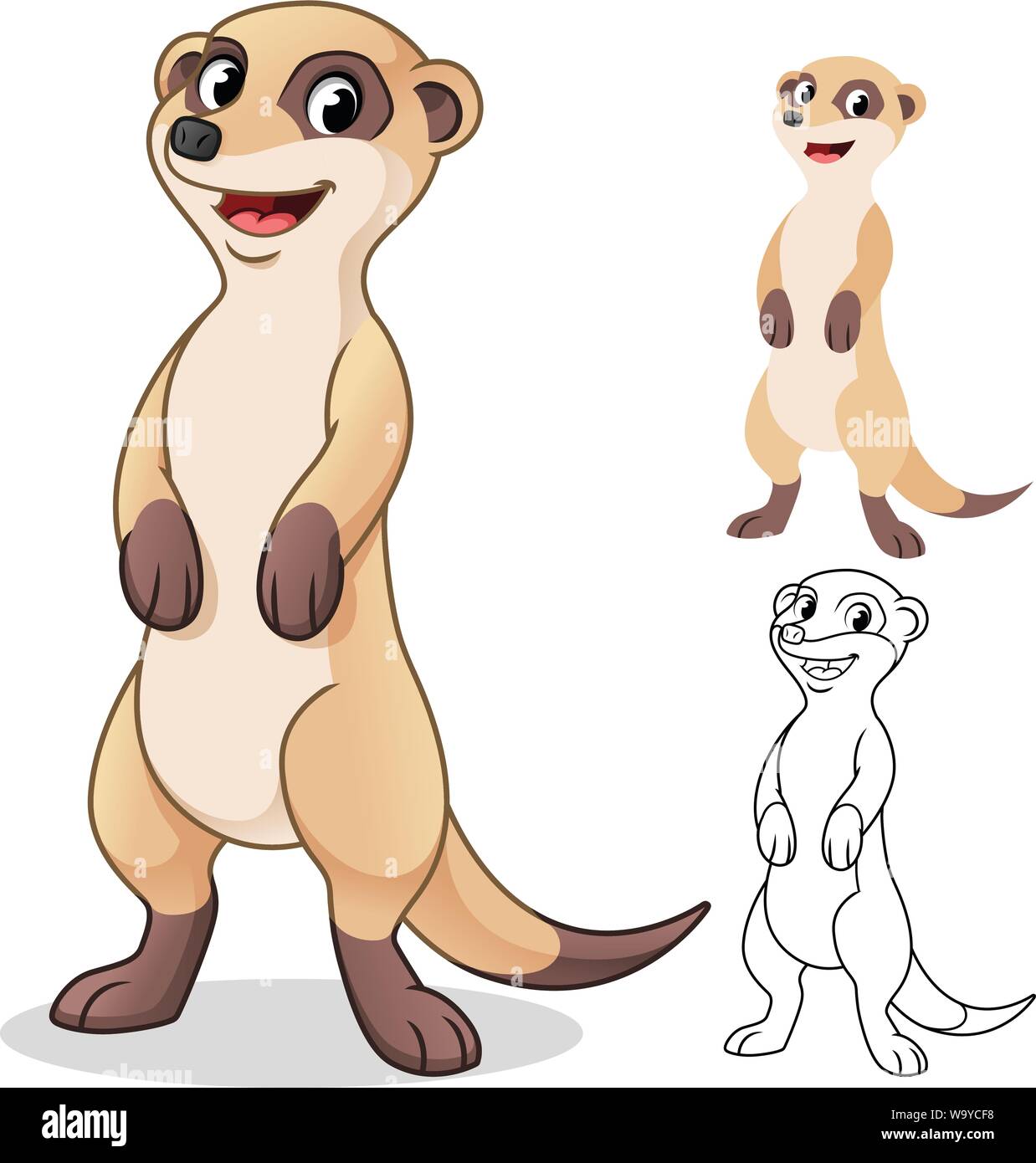 Felice Meerkat Cartoon character design, compresi piatti e Line art design, illustrazione vettoriale, in isolati sullo sfondo bianco. Illustrazione Vettoriale