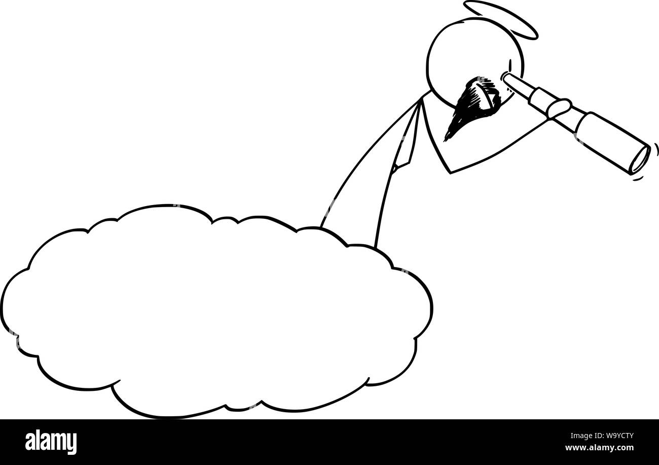 Vector cartoon stick figura disegno illustrazione concettuale di dio guardando verso il basso attraverso il cannocchiale, campo di vetro o di telescopio dalla nuvola che rappresenta il cielo. Illustrazione Vettoriale