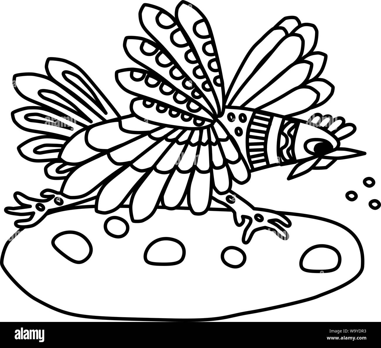 Libro da colorare pagina per i bambini. Gallo uccello corre per i grani. Attività creative per i bambini. Illustrazione bianco linea. Illustrazione Vettoriale