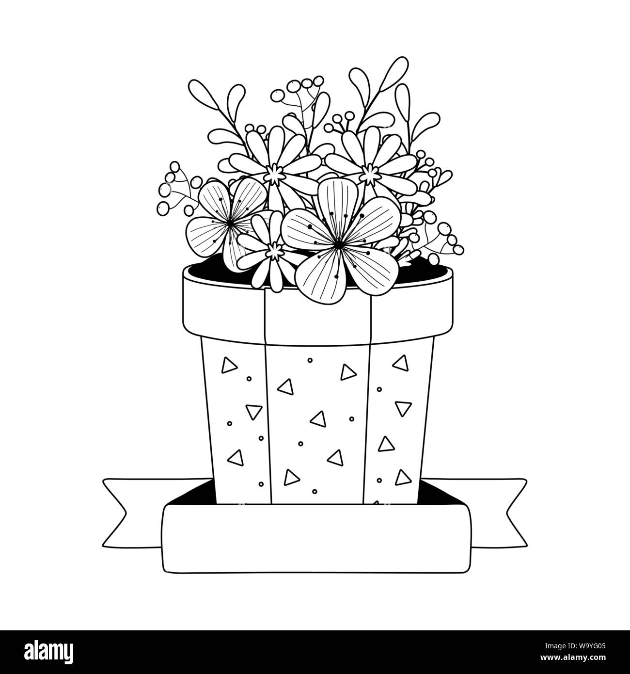 Fiori e foglie dentro pentola disegno floreale, impianto di natura ornamento giardino decorazione e botanica tema illustrazione vettoriale Illustrazione Vettoriale