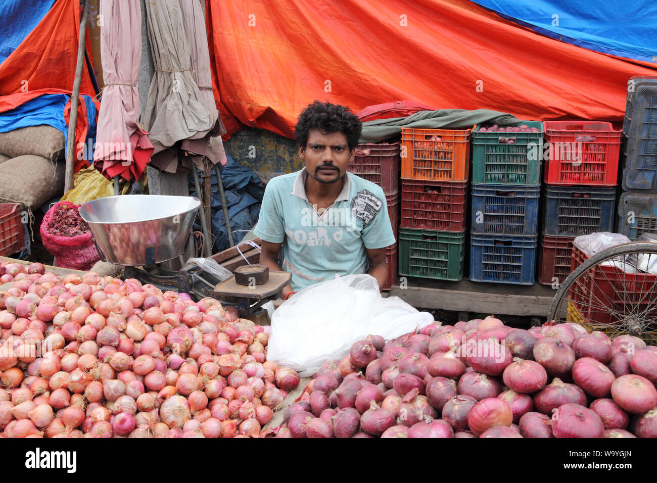 Uomo che vende cipolle ad una bancarella di mercato Foto Stock