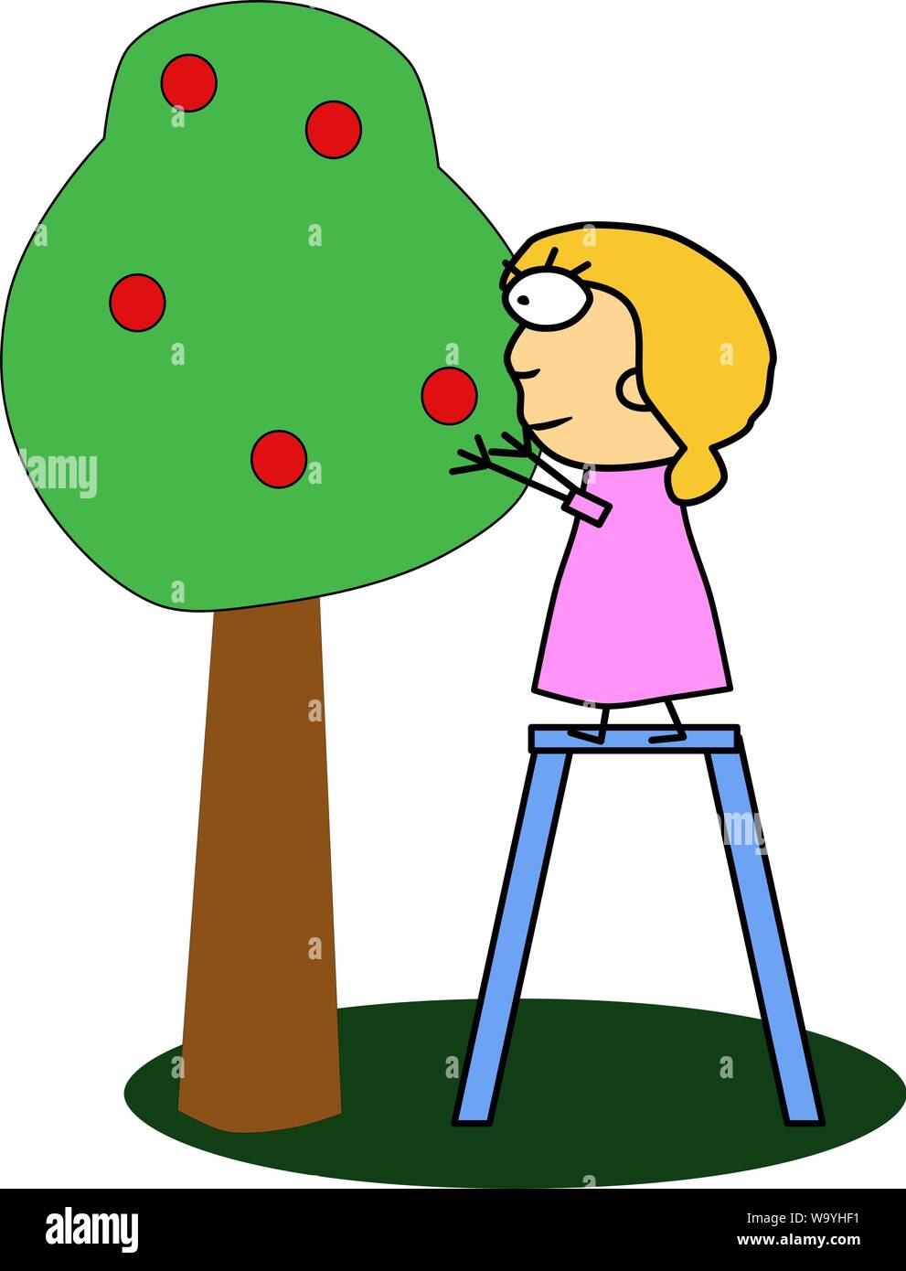 La ragazza è raccolta in giardino. Un albero con frutti maturi. Illustrazione di frutta rossa sull'albero. Illustrazione Vettoriale