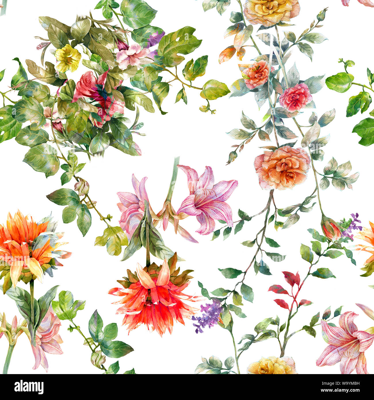 La pittura ad acquerello di foglie e fiori, seamless pattern su sfondo bianco Foto Stock